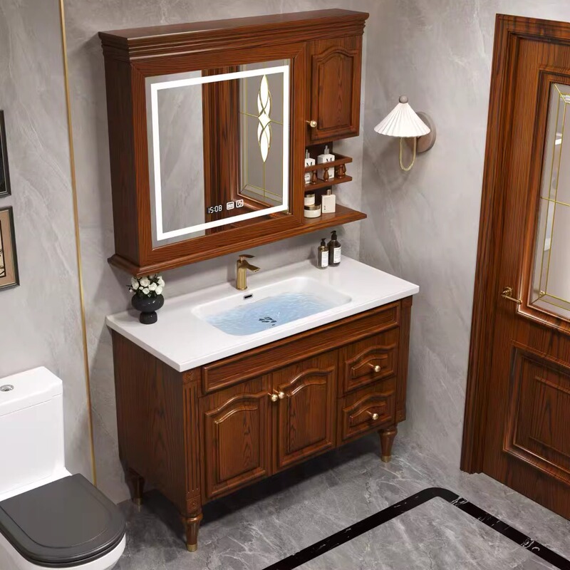 American-Style Retro Red Oak Bathroom Cabinet Solid Wood Ceramic Integrated Basin European-Style Bathroom Cabinet Washbasin Smart Mirror Cabinet American-Style Retro Red Oak Bathroom Cabinet Solid Wood Ceramic Integrated Basin European-Style Bathroom Cabinet Washbasin Smart Mirror Cabinet