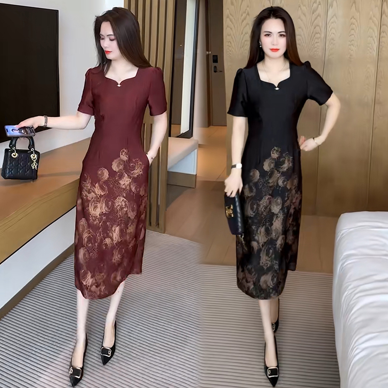 Red Dress for Women 2026 Summer New Fashion Stylish High-End Vintage Print Mid-Length Dress