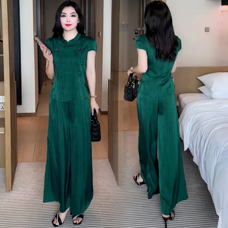 New Chinese-Style Fashion Ice Silk Suit for Women 2026 Summer New National Style Buttoned Short-Sleeve Shirt and Wide-Leg Pants Two-Piece Set New Chinese-Style Fashion Ice Silk Suit for Women 2026 Summer New National Style Buttoned Short-Sleeve Shirt and Wide-Leg Pants Two-Piece Set