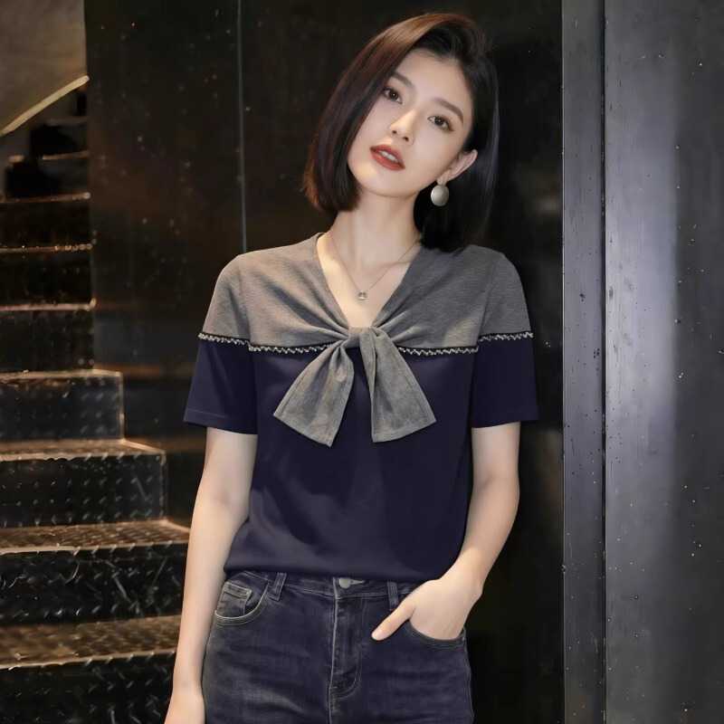 Bow-Tie Short-Sleeved T-Shirt for Women 2026 Summer New Design with Contrasting Color Stitching, Versatile and Stylish Top