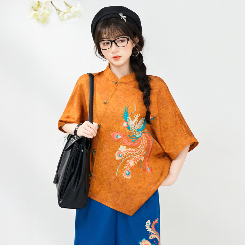 Su Luo's Original Work, "Phoenix Travels the Sky," Summer New Chinese-Style Embroidered Loose Top, National Style Jacquard Short-Sleeved Shirt for Women Su Luo's Original Work, "Phoenix Travels the Sky," Summer New Chinese-Style Embroidered Loose Top, National Style Jacquard Short-Sleeved Shirt for Women
