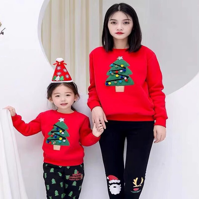 Christmas Tree Family Matching Outfits for a Family of Three, Mother-Son, Mother-Daughter Outfits, Baby Kindergarten Performance Class Uniforms, Autumn and Winter Fleece Sweatshirts