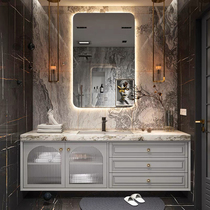 Light luxury American bathroom cabinet solid wood wash basin cabinet combination bathroom cabinet slate seamless integrated basin French wash basin