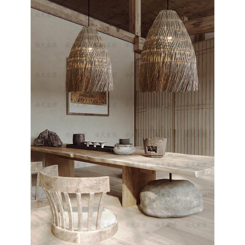 Wabi-Sabi Style Restaurant Chandelier, Straw Weaving, Creative and Unique, Hot Pot Restaurant, Hotel, Guesthouse, Zen Tea Room, Retro Decorative Lighting Fixtures