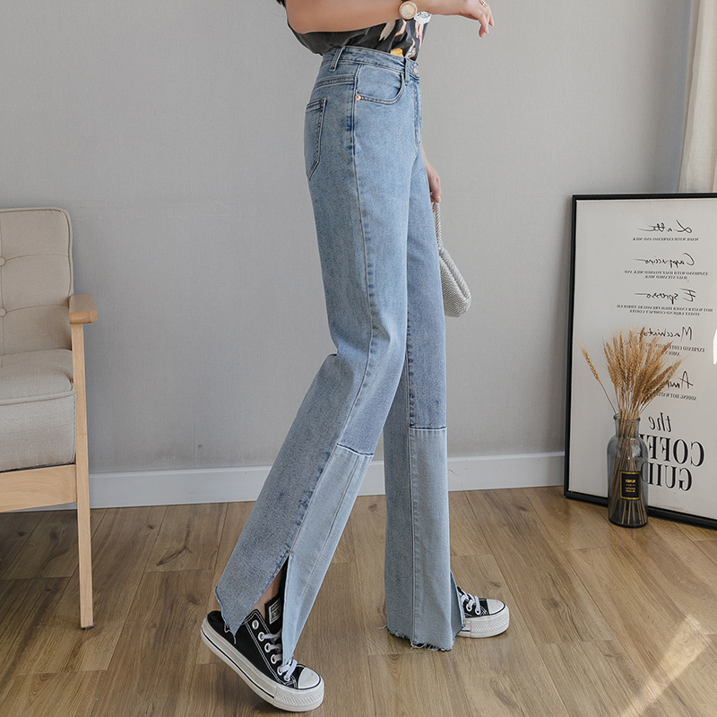 High waist open fork wide leg jeans woman 90% 2020 Summer new Korean version loose wool side long pants straight drum pant