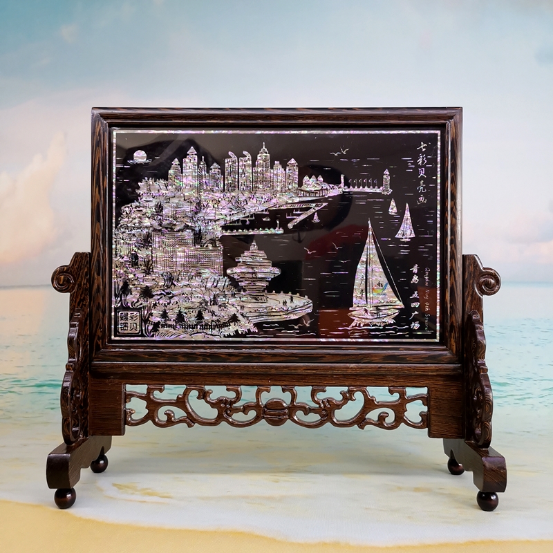 Customized Qingdao characteristic commemorative gift shell carving mother-of-pearl screen shell crafts decoration chicken wing wooden table screen desktop