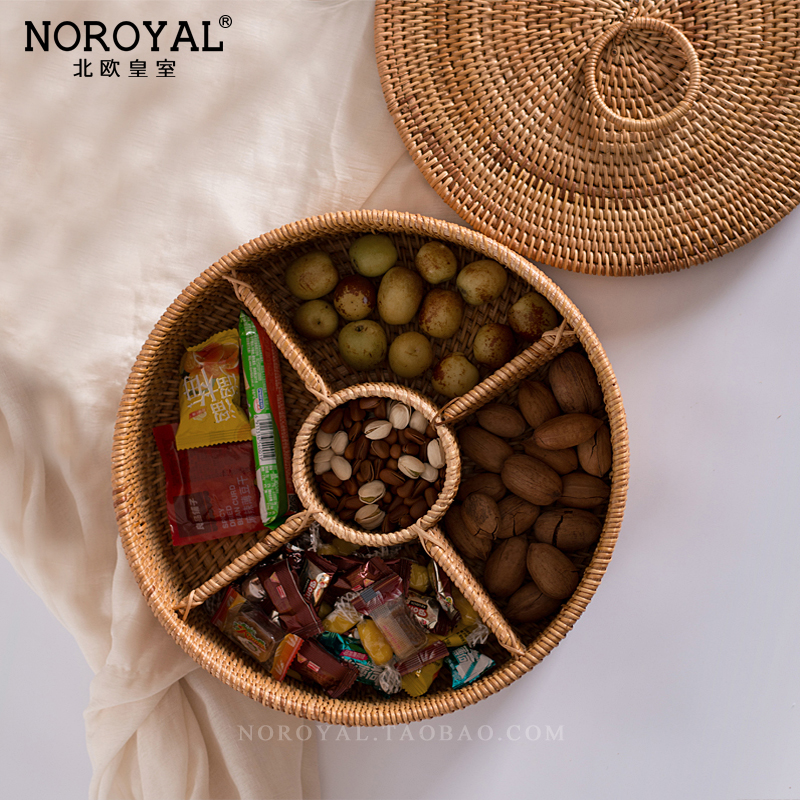 High-grade wooden rattan woven grid dried fruit melon seed plate living room creative household with lid Nut basket Snack candy box