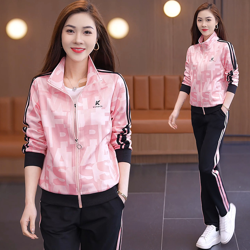Printed Sportswear Suit for Women, Spring and Autumn 2025 New Fashion, Long-Sleeved Long Pants Casual Running Suit Three-Piece Set for Moms