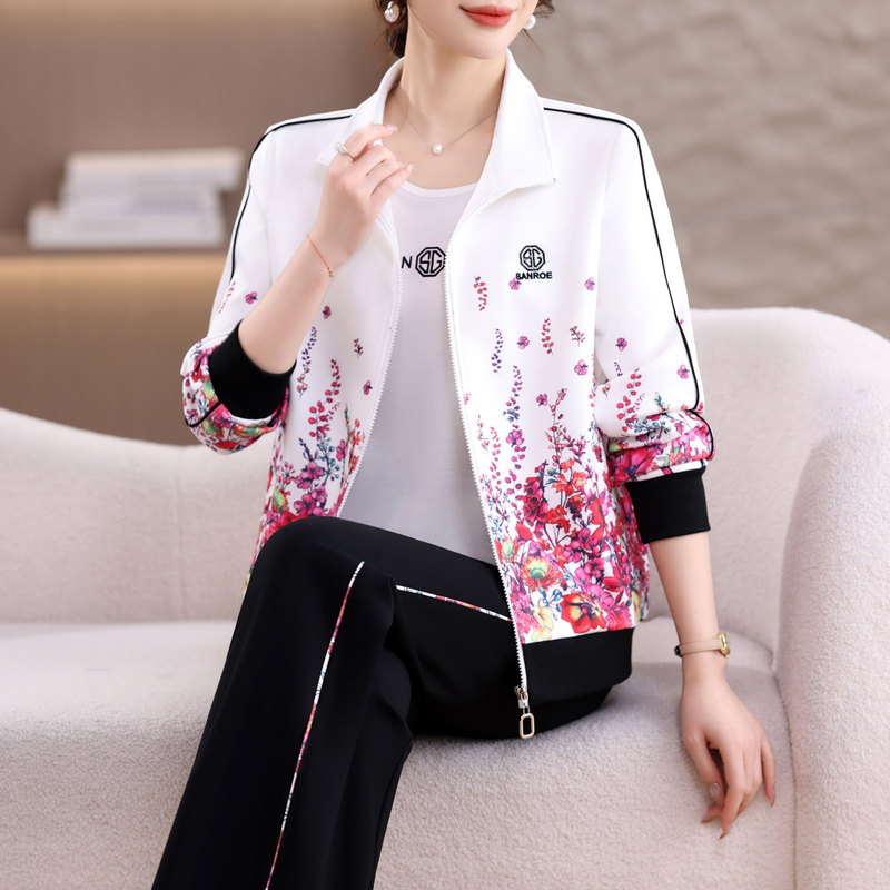 Floral Print Sports Suit for Women, Spring and Autumn 2026 New Fashion, Age-Reducing and Slimming Sweatshirt Three-Piece Set, Casual Jacket
