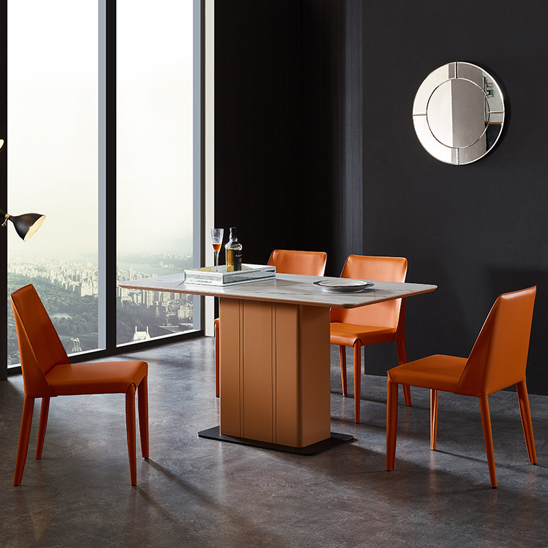 Italian Extreme Minimalist Rockboard Dining Table And Chairs Combined Modern Minima Rectangular Small Household Marble Table Orange