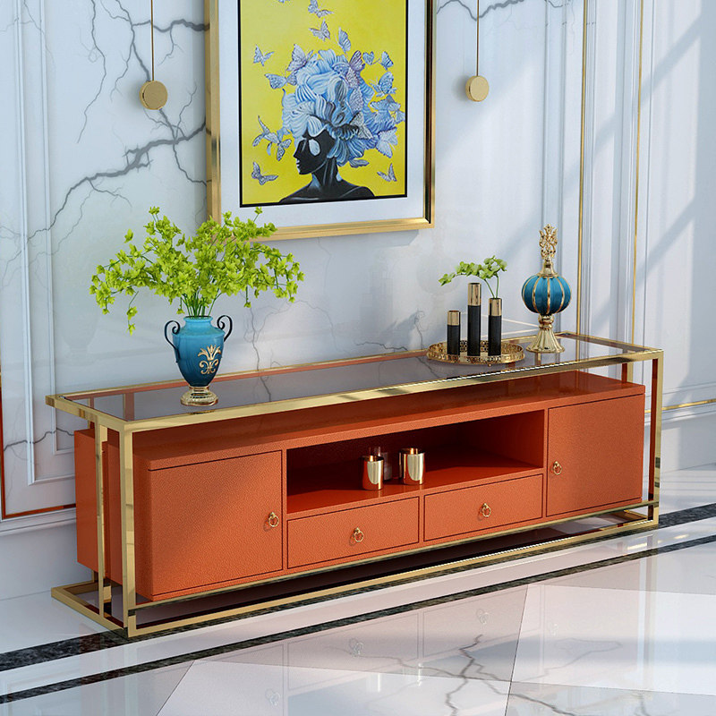 Italian Style Light Extravagant Minimalist Glass TV Cabinet Orange Modern Minimalist floor Stainless Steel-like Stainless Steel-Shaped Panels Customised