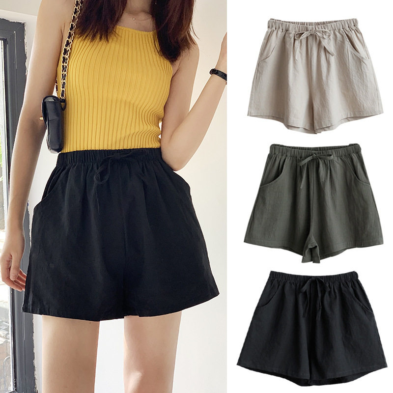 Cotton and linen outer wear high waist wide leg shorts Korean version slim black sports casual pants fashion female summer loose large size