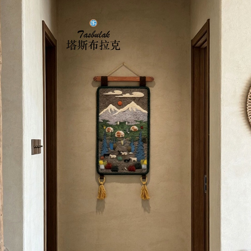 Xinjiang Kazakh Handmade Felt Hanging Painting with Solid Wood Frame and Leather Rope Decoration, Nomadic Felt House Horse Wall Hanging Painting