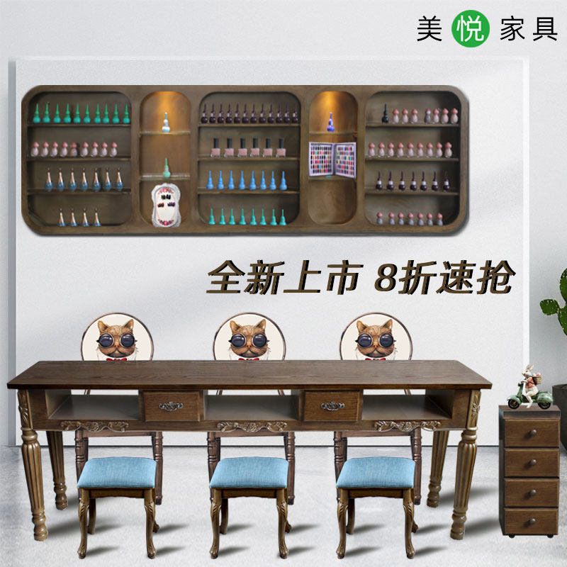 Net red retro manicure table and chair set single double three people imitation solid wood nail shop manicure table table workbench special offer