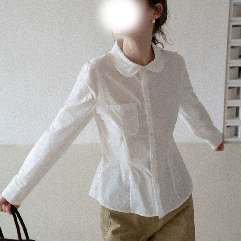 Pure Cotton White Peter Pan Collar Shirt for Women, Long-Sleeved, Waist-Cinching, Slimming, Elegant Top for Outerwear, Suitable for Interviews and Office Workers, Simple Style