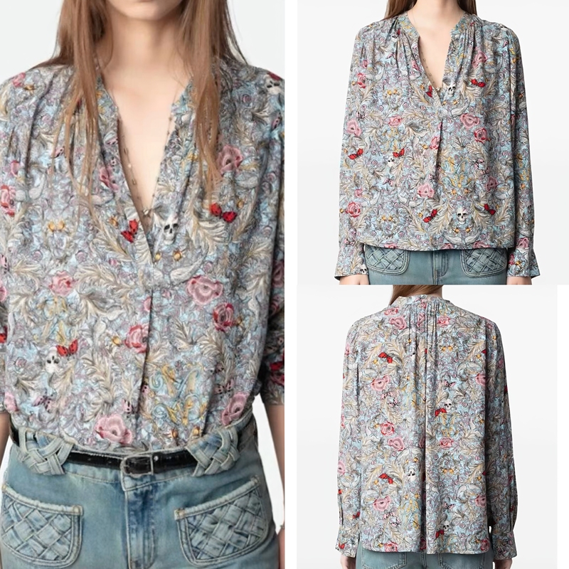 French Niche Zv Skull Flower Loose Casual Shirt French Niche Zv Skull Flower Loose Casual Shirt