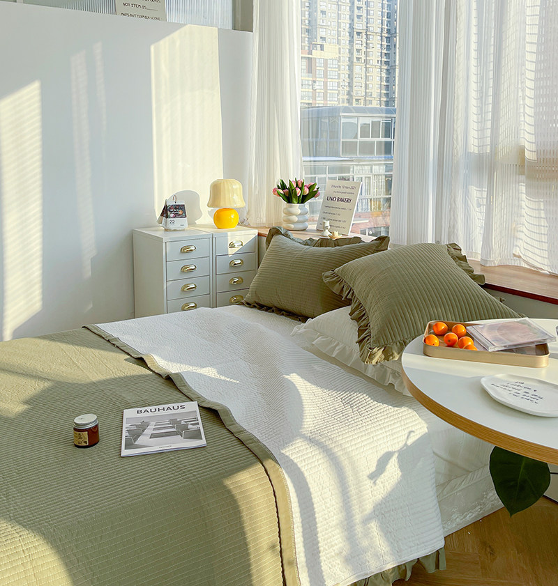 Han Style Wind 40S Pure Cotton Washed Cotton Clip Cotton Quilted Bed Cover Lotus Leaf Lace Bedside Bed Cover Sheet Blankets Thickened Fresh