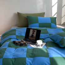 ins Nordic trendy Klein blue pine green four pieces full cotton pure cotton ultra soft tendy cotton knit naked bed linen