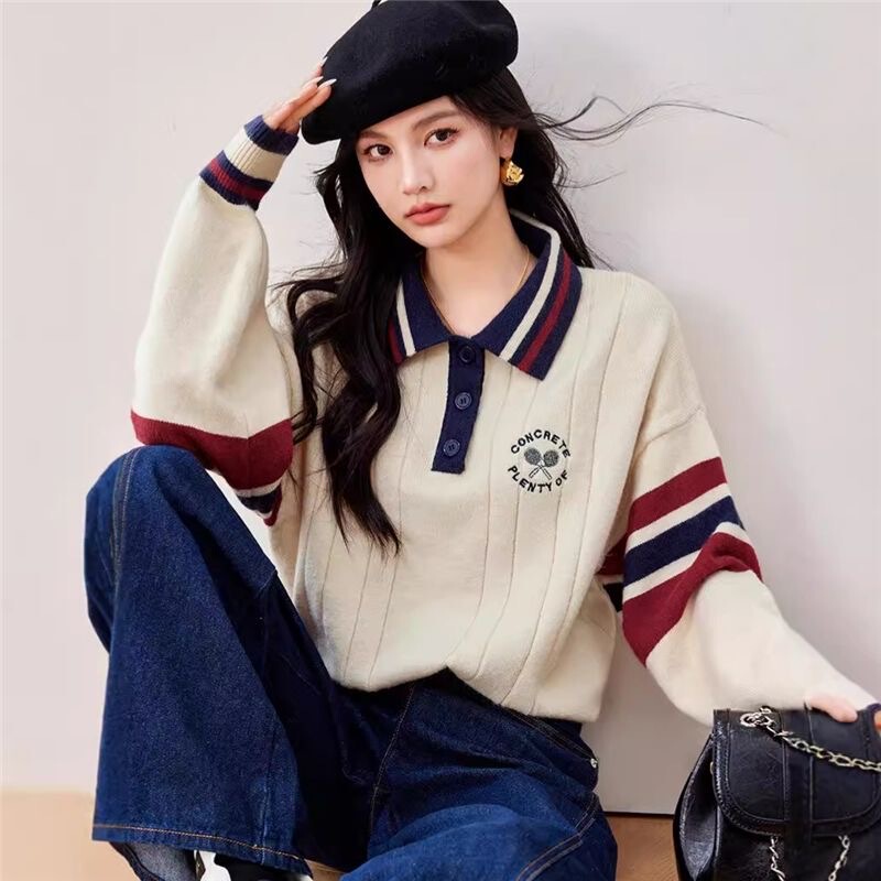 2026 Spring New Polo Collar College Style Loose Lazy Knitted Sweater