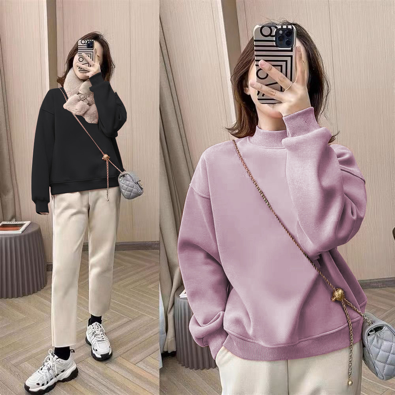 Chanel-Style Half-High Collar Fleece-Lined Thick Purple Sweatshirt for Women, Warm Inner Layer with Lamb Fleece T-Shirt, Loose and Simple Solid Color