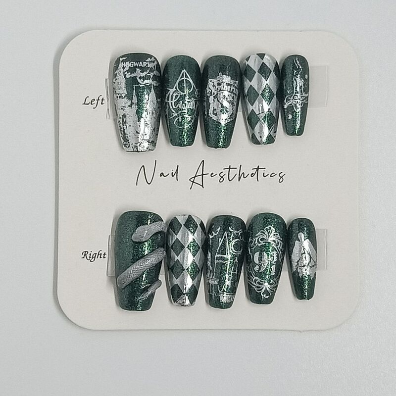 Handmade Reusable Nail Art Wearable Nails Harry Potter Slytherin Snake House Wearable Nails