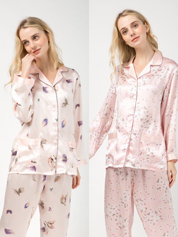 Suzhou silk silk pajamas 100% mulberry silk women's printed long-sleeved two-piece autumn and winter new home clothes