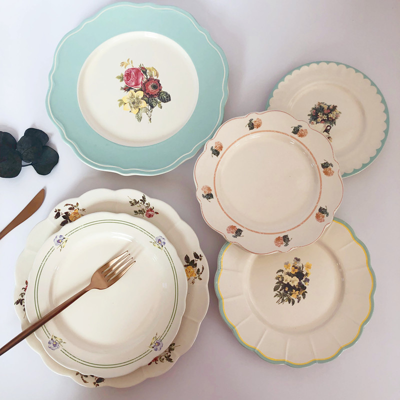 Clearance) old time) retro flower pattern ceramic dinner plate western food steak plate dessert cake plate home