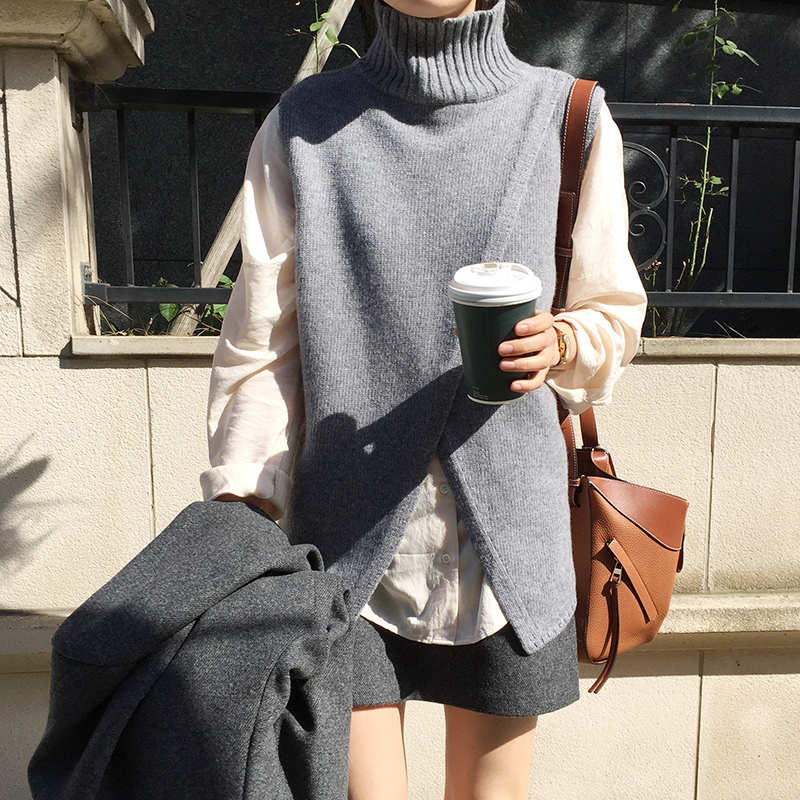 Autumn and Winter Korean Style Loose Mid-Length Front Slit High-Neck Cashmere Vest for Women to Wear Outside as a Sweater or Cardigan