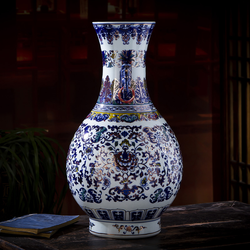 Jingdezhen ceramic hand - made large blue and white porcelain vase flower arranging antique Chinese style living room porch China ornament