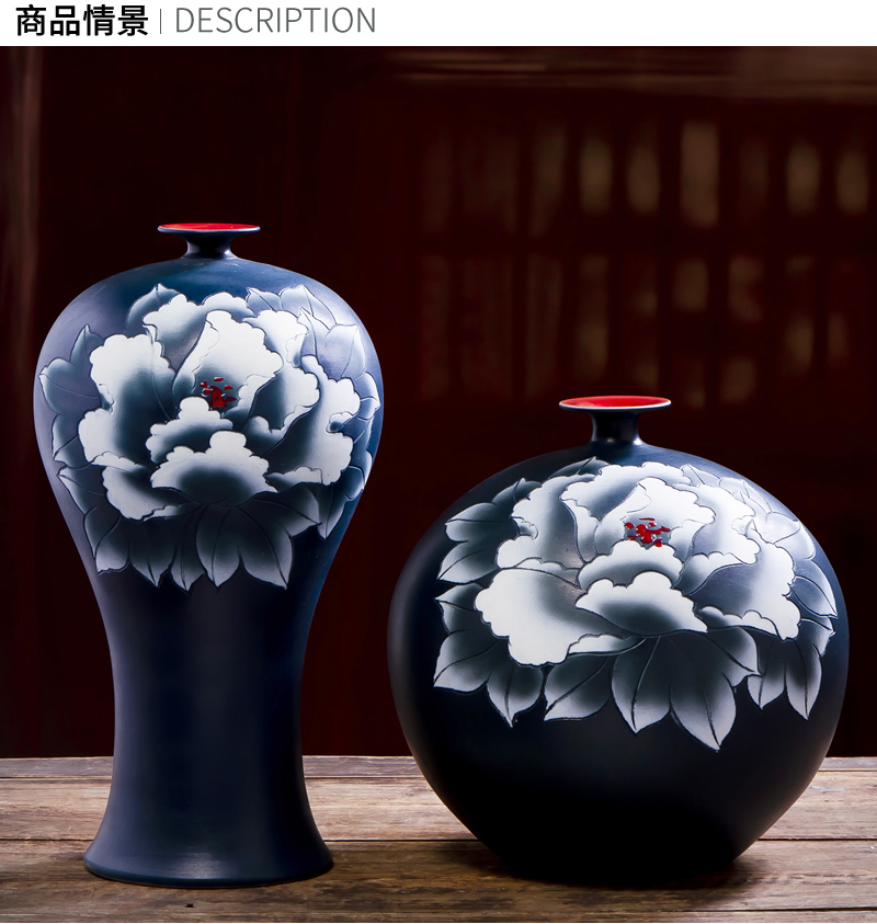 Jingdezhen ceramic vases, new Chinese style black hand made peony dried flowers flower arrangement sitting room adornment ornament household act the role ofing is tasted