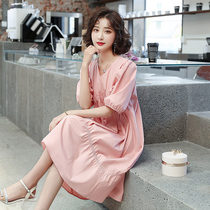 Cotton pregnant women dress 2021 new summer fashion temperament V collar loose net red maternity dress short sleeve thin