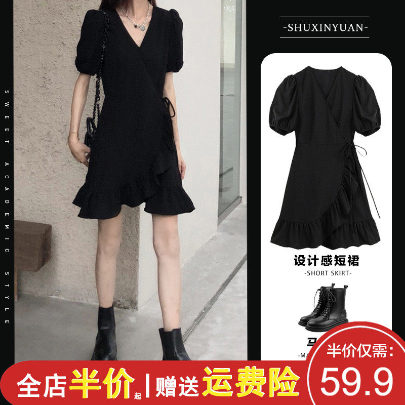Summer 2022 new large size women dress fat mm black ocean dress design feeling small crowdcashew slim and sweet hot girl