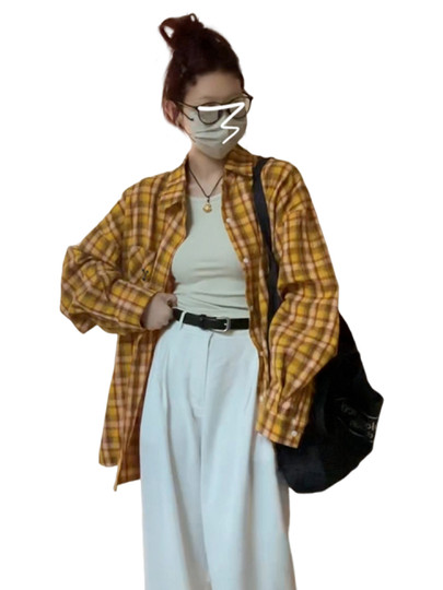 美式复古黄色条纹格子衬衫外套女2025新款夏季中长款上衣衬衣早秋