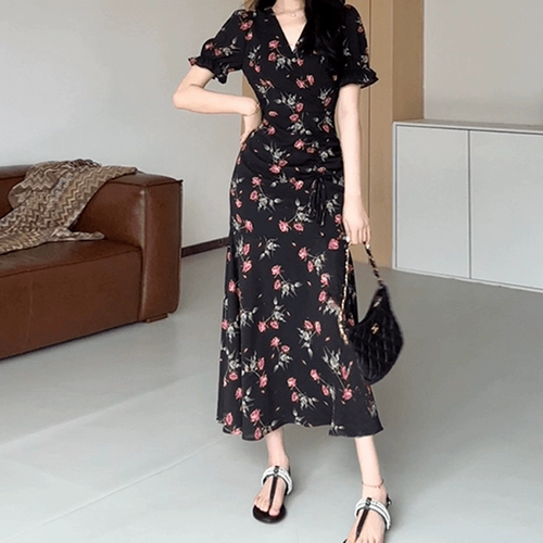 Черное летнее платье, длинная юбка, французский стиль, в цветочек, по фигуре, изысканный стиль