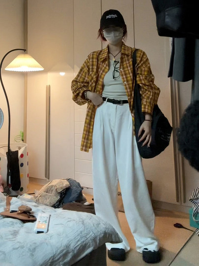 美式复古黄色条纹格子衬衫外套女2025新款夏季中长款上衣衬衣早秋