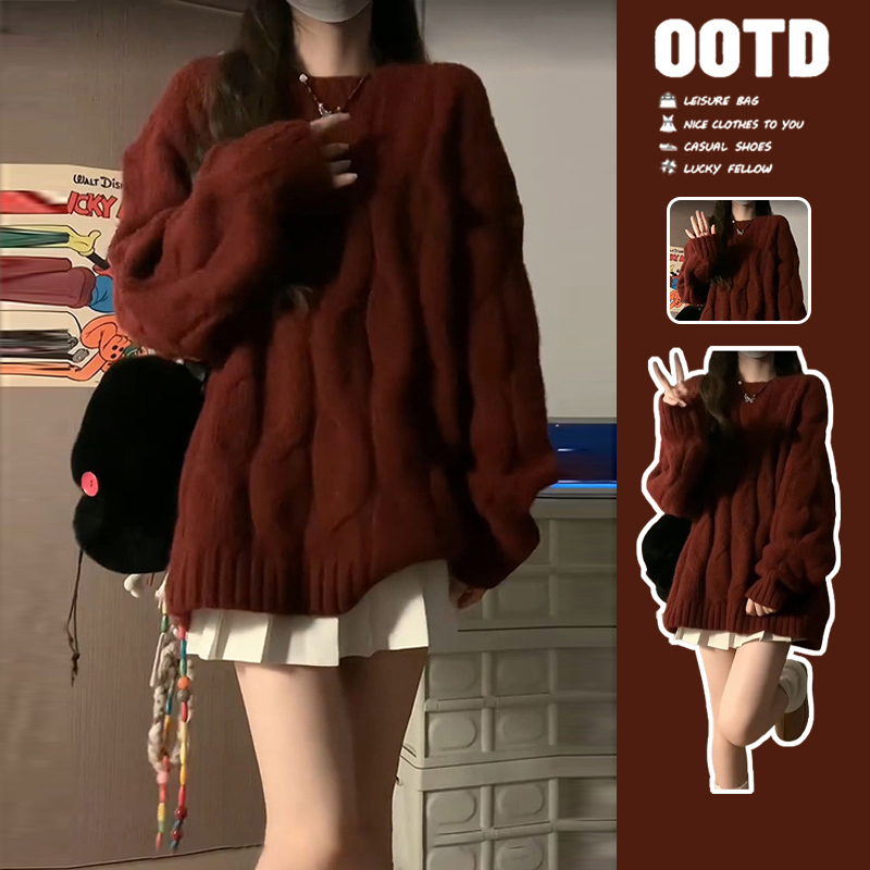 Lazy Style Burgundy Sweater for Women, Early Spring 2026 New Model, High-End Feel, Thick Inner Layer Top, Spring Korean Style Outfit