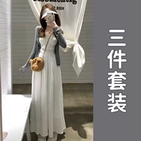 Серый кардиган + подтяжки + юбка комплект из трех частей [соленый или сладкий костюм-тройка / шикарный и сладкий / элитный стиль богини темперамента / сладкий костюм / чистое желание стиль Хепберн / нишевое летнее платье с молочным дизайном фуфу / красивая маленькая юбка / щедрый и приличный]