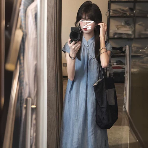 Синее летнее ципао, свадебное платье, комплект, длинная юбка, китайский стиль