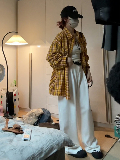 美式复古黄色条纹格子衬衫外套女2025新款夏季中长款上衣衬衣早秋