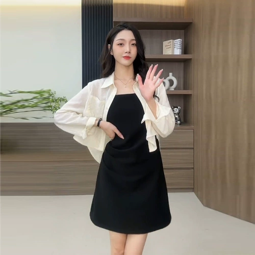 Черный демисезонный весенний комплект, длинная юбка, эффект подтяжки