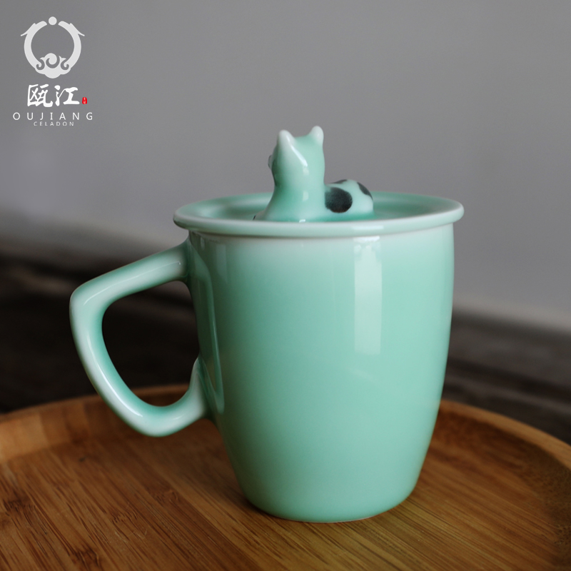 Oujiang longquan celadon teacup with cover glass creative soft stirring office home mark cup sweet milk cup