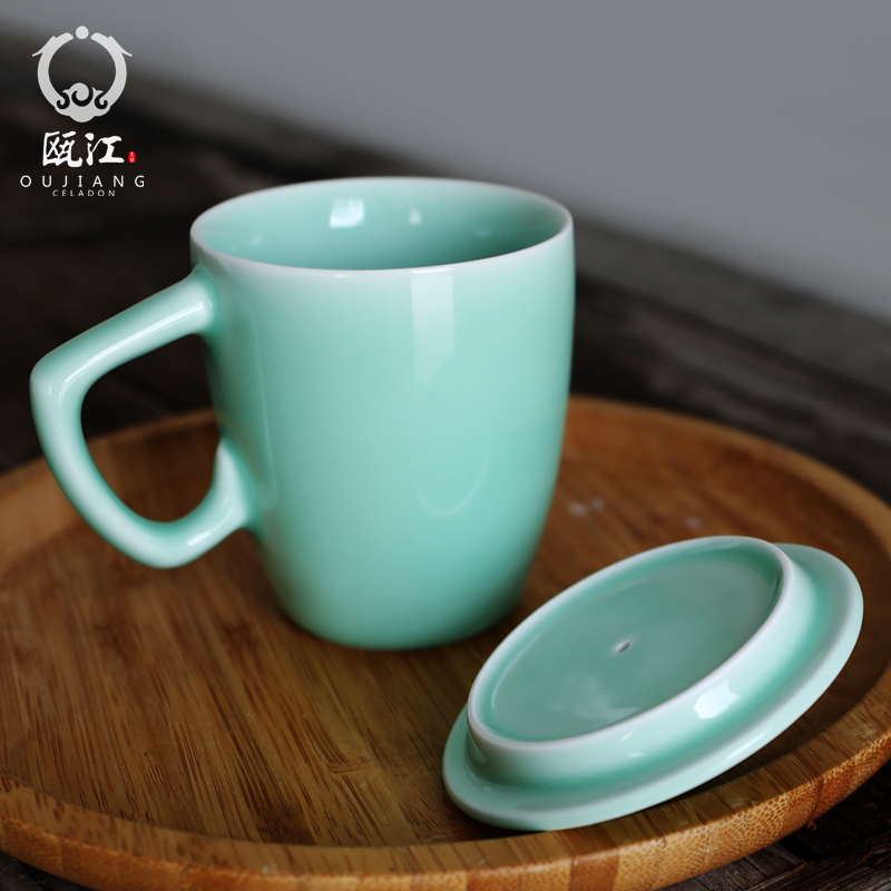 Oujiang longquan celadon teacup with cover glass creative soft stirring office home mark cup sweet milk cup