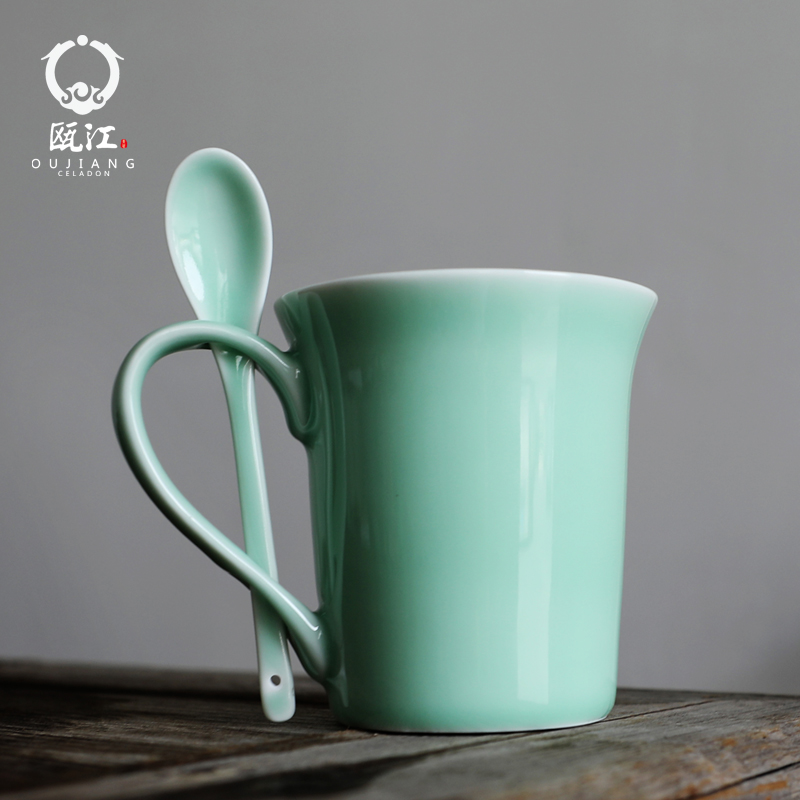 Oujiang creative teacups household celadon longquan ceramic picking keller with spoon, coffee cup milk cup is a gift