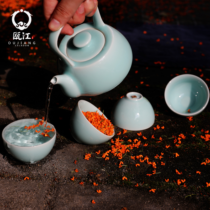 Oujiang longquan celadon tea sets suit household gifts ceramic girder pot of tea cups kung fu tea set
