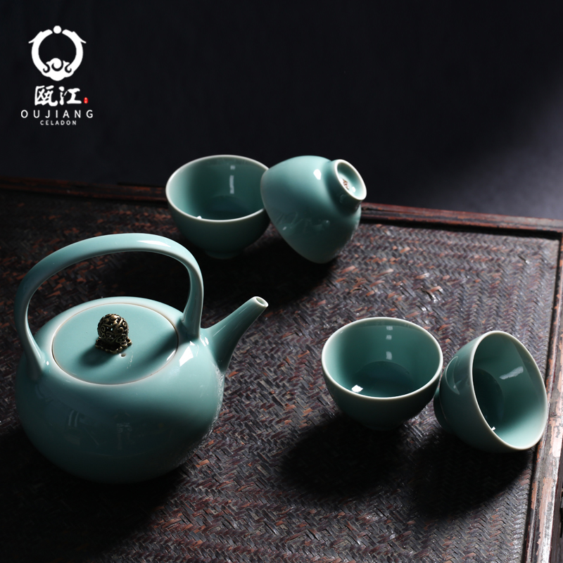 Oujiang longquan celadon tea set 5 head of household ceramic teapot teacup moon azure gifts gift boxes