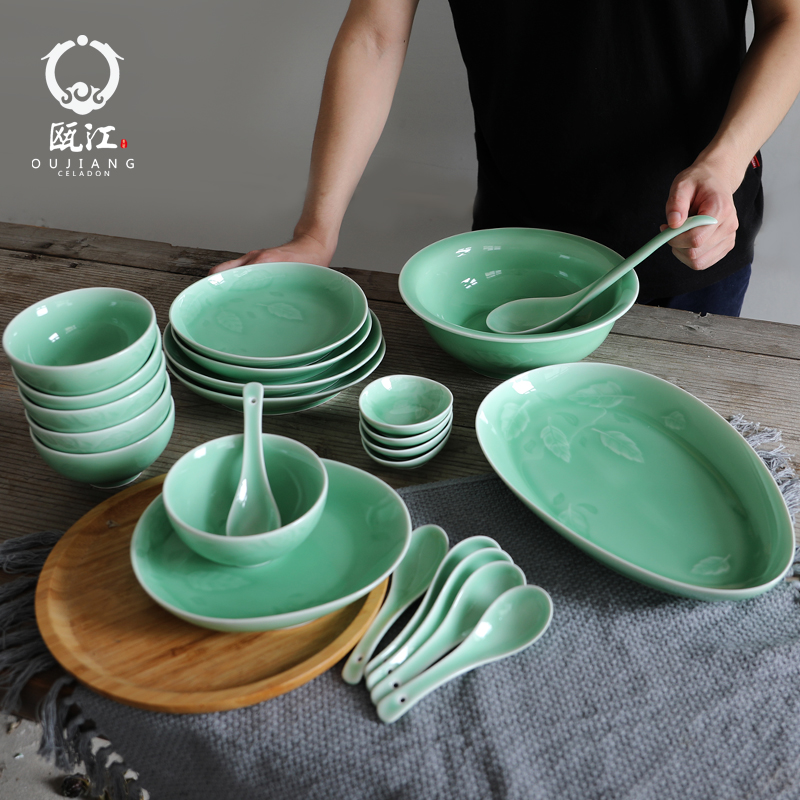 Oujiang longquan celadon dishes suit creative Chinese style household contracted ceramic dishes spoon combination tableware gift boxes
