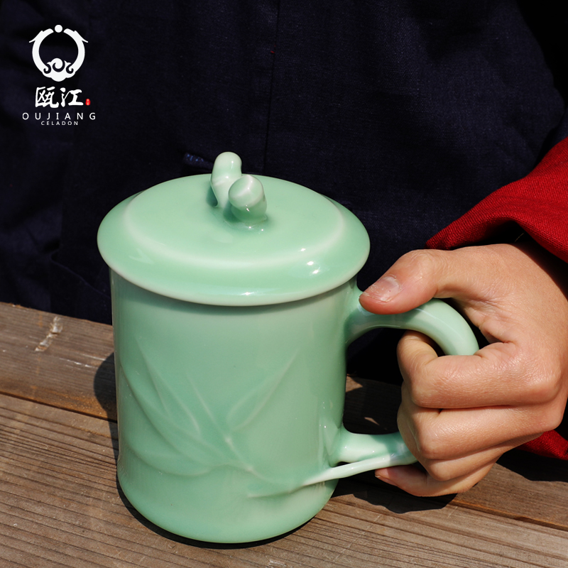 Oujiang longquan celadon teacup bamboo gentleman cup glass ceramic office of household of Chinese style individual cup keller