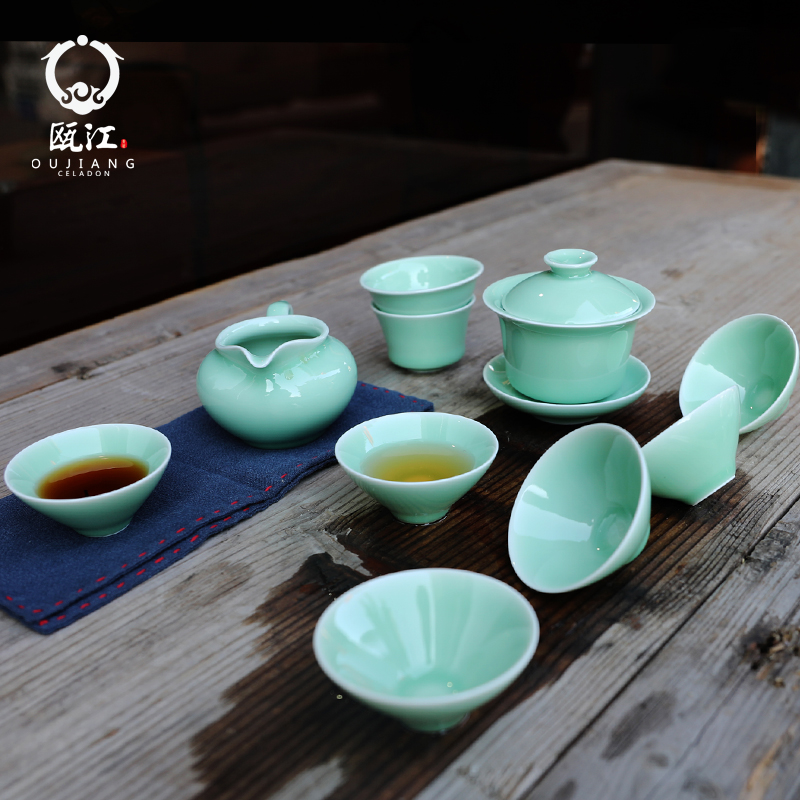 Oujiang longquan celadon kunfu tea tea set suit household contracted the teapot cup tureen tea set a complete set of gift boxes