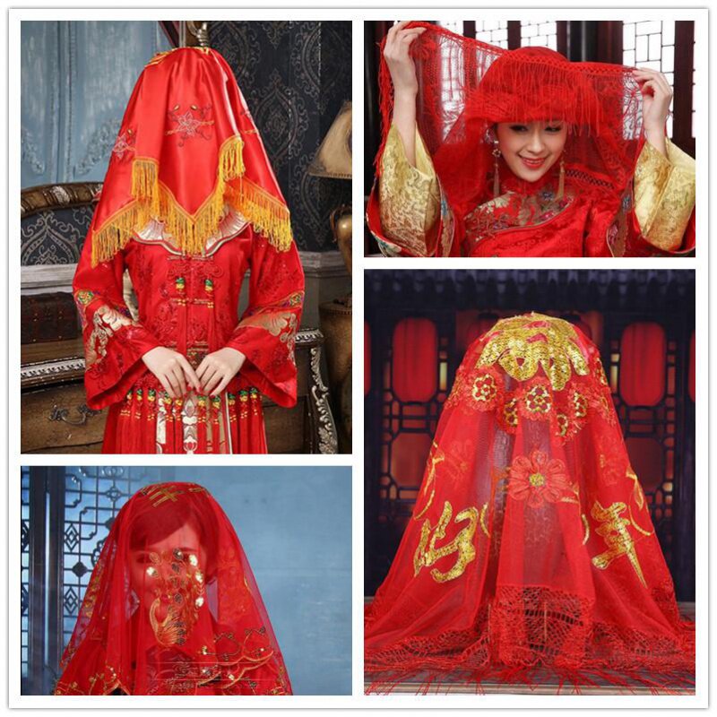 Red hijab wedding Chinese mesh thin translucent wedding tassel yarn transparent Wo clothing red embroidery plus size bride
