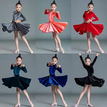 Childrens Latin dance clothes autumn and winter clothes girls gold velvet one-piece Latin skirt long-sleeved training clothes childrens competition performance